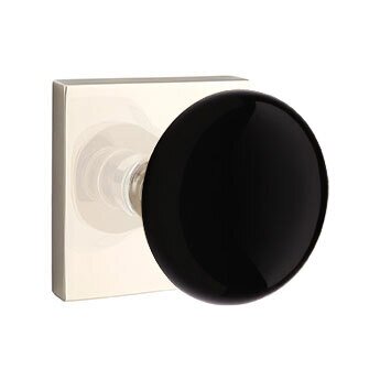 Double Dummy Ebony Porcelain Knob With Modern Square Rosette in Polished Nickel