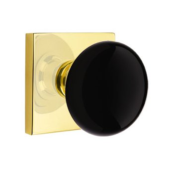 Double Dummy Ebony Porcelain Knob With Modern Square Rosette in Unlacquered Brass