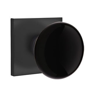 Single Dummy Ebony Porcelain Knob With Modern Square Rosette in Flat Black