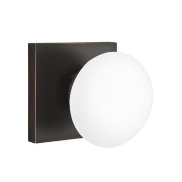 Single Dummy Ice White Porcelain Knob With Modern Square Rosette in Oil Rubbed Bronze