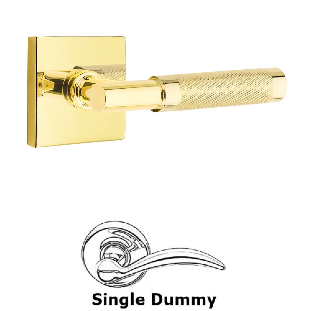 Single Dummy Knurled Lever with T-Bar Stem and Square Rose in Unlacquered Brass