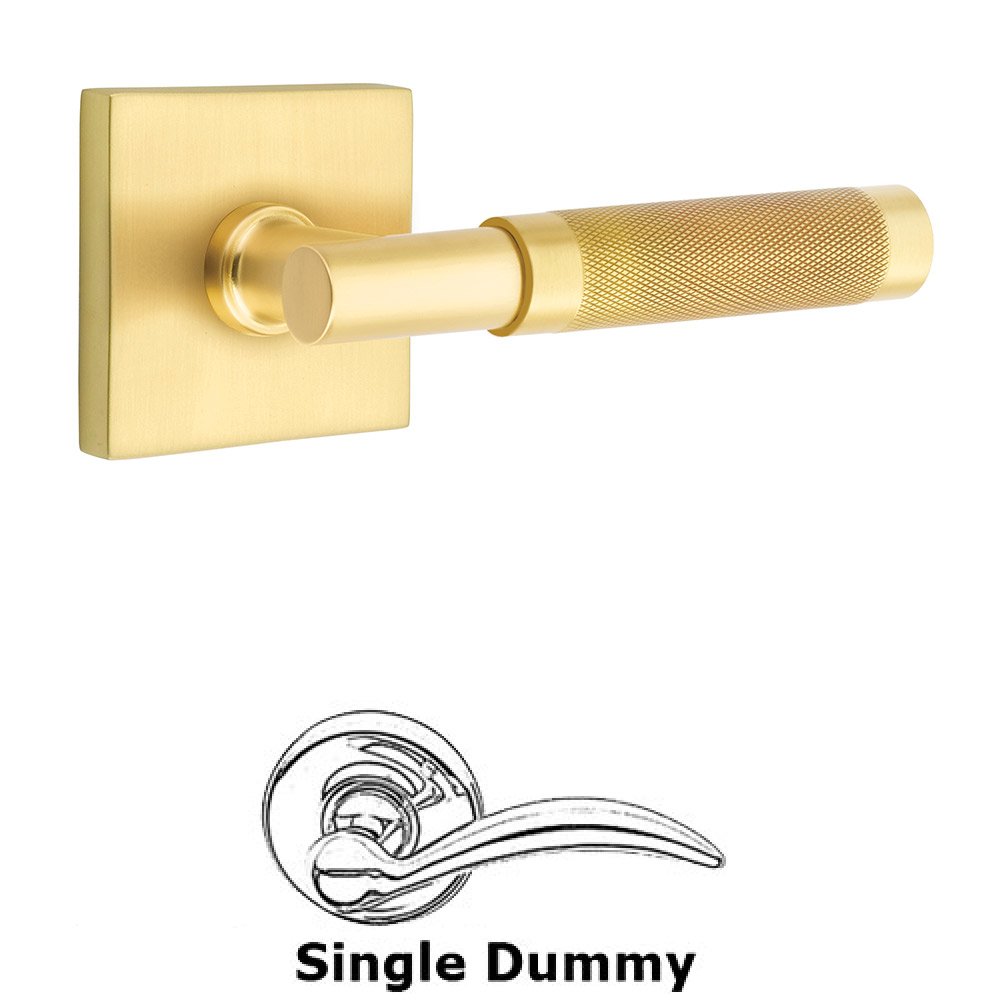 Single Dummy Knurled Lever with T-Bar Stem and Square Rose in Satin Brass