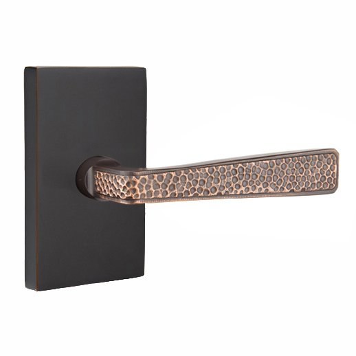 Single Dummy  Right Handed Hammered Door Lever with Modern Rectangular Rose in Oil Rubbed Bronze