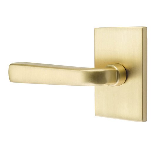 Single Dummy Left Handed Sion Door Lever With Modern Rectangular Rose in Satin Brass