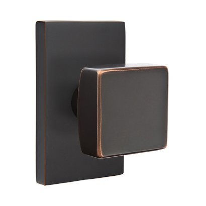 Single Dummy Square Door Knob And Modern Rectangular Rose in Oil Rubbed Bronze