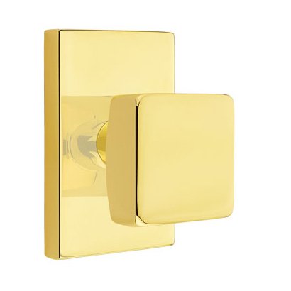 Single Dummy Square Door Knob With Modern Rectangular Rose in Unlacquered Brass