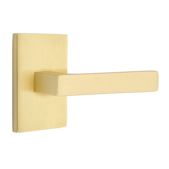 Single Dummy Dumont Right Handed Lever with Modern Rectangular Rose in Satin Brass