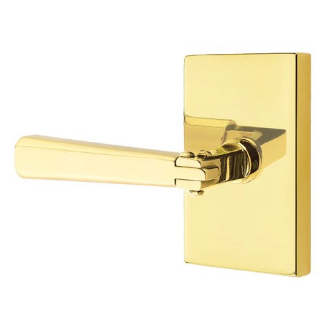 Single Dummy  Left Handed Arts & Crafts Door Lever with Modern Rectangular Rose in Unlacquered Brass