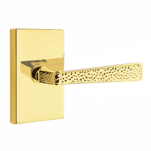 Single Dummy  Right Handed Hammered Door Lever with Modern Rectangular Rose in Unlacquered Brass