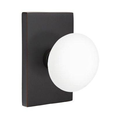 Double Dummy Ice White Porcelain Knob With Modern Rectangular Rosette in Oil Rubbed Bronze