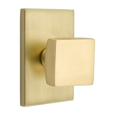 Double Dummy Square Door Knob With Modern Rectangular Rose in Satin Brass