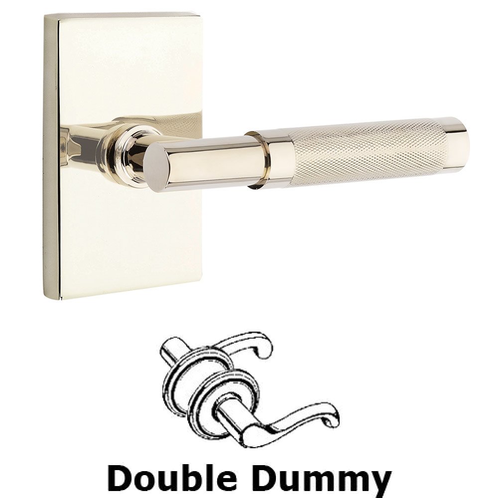 Double Dummy Knurled Lever with T-Bar Stem and Modern Rectangular Rose in Polished Nickel
