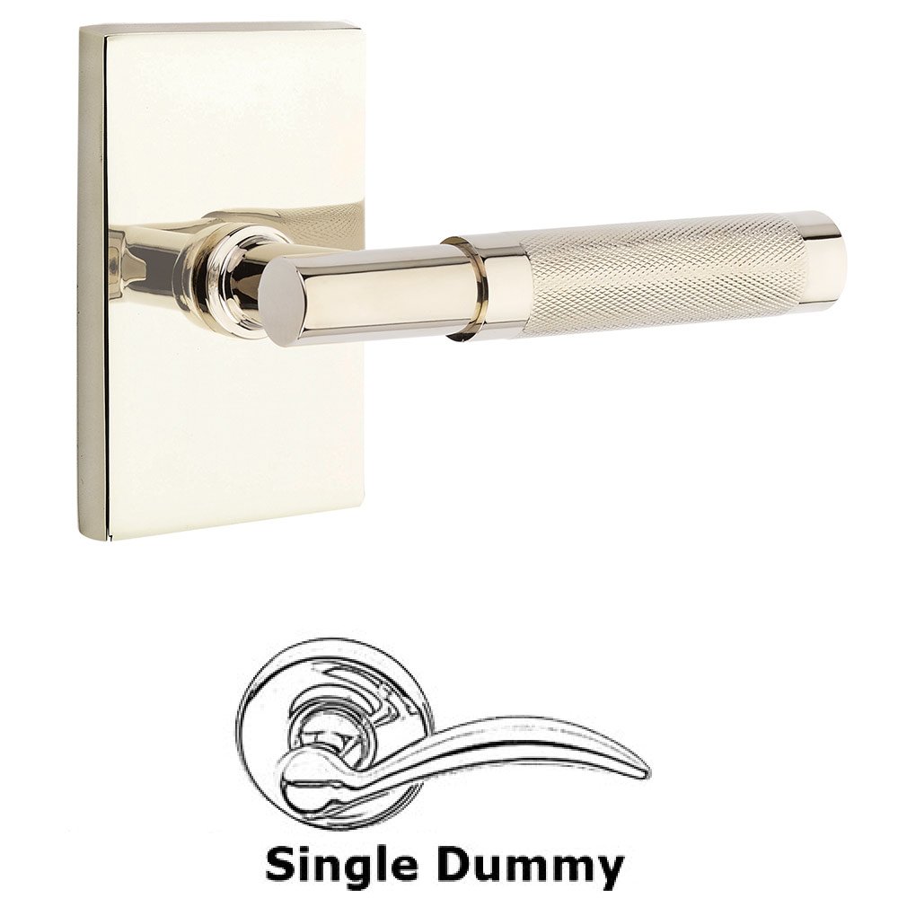 Single Dummy Knurled Lever with T-Bar Stem and Modern Rectangular Rose in Polished Nickel