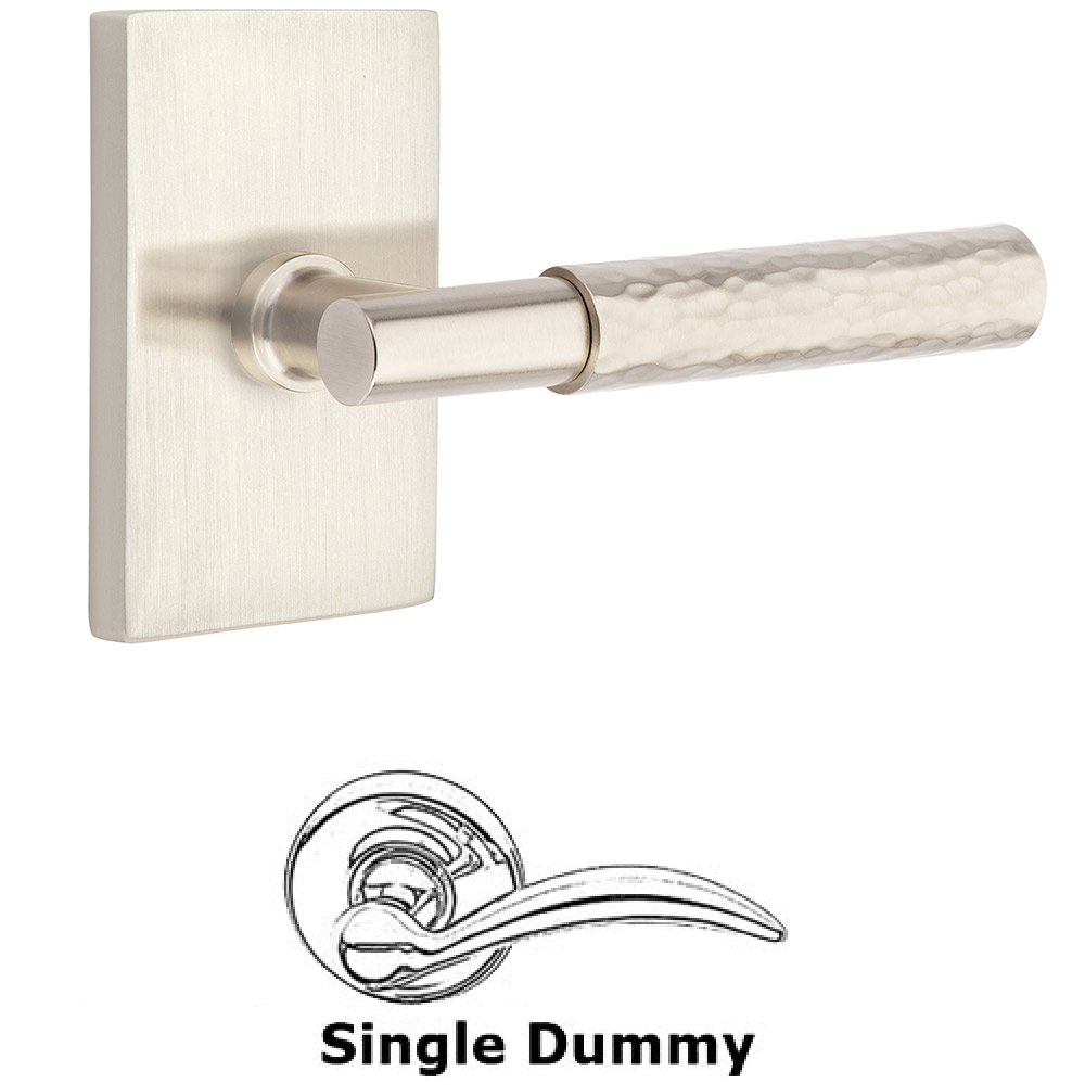 Single Dummy Hammered Lever with T-Bar Stem and Modern Rectangular Rose in Satin Nickel