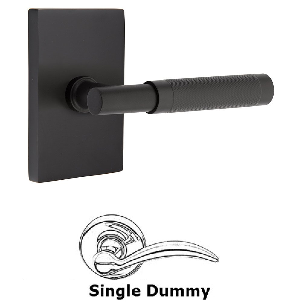 Single Dummy Knurled Lever with T-Bar Stem and Modern Rectangular Rose in Flat Black