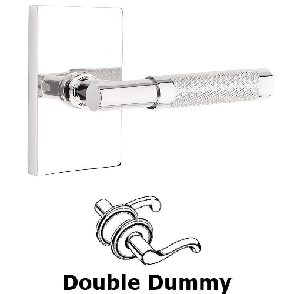 Double Dummy Knurled Lever with T-Bar Stem and Modern Rectangular Rose in Polished Chrome