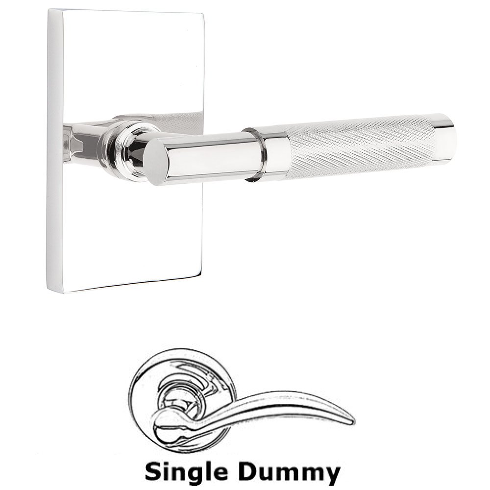 Single Dummy Knurled Lever with T-Bar Stem and Modern Rectangular Rose in Polished Chrome