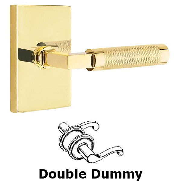 Double Dummy Knurled Lever with L-Square Stem and Modern Rectangular Rose in Unlacquered Brass