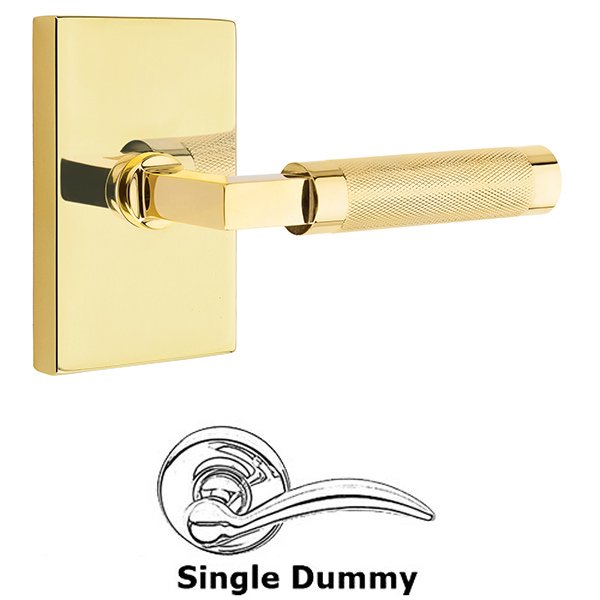 Single Dummy Knurled Lever with L-Square Stem and Modern Rectangular Rose in Unlacquered Brass