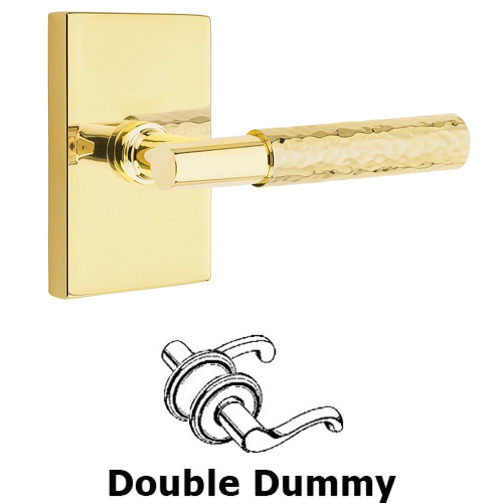 Double Dummy Hammered Lever with T-Bar Stem and Modern Rectangular Rose in Unlacquered Brass