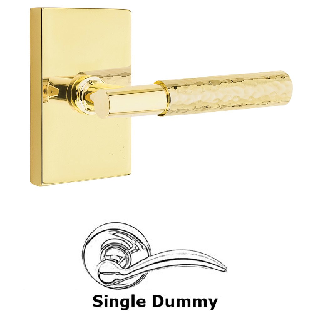 Single Dummy Hammered Lever with T-Bar Stem and Modern Rectangular Rose in Unlacquered Brass