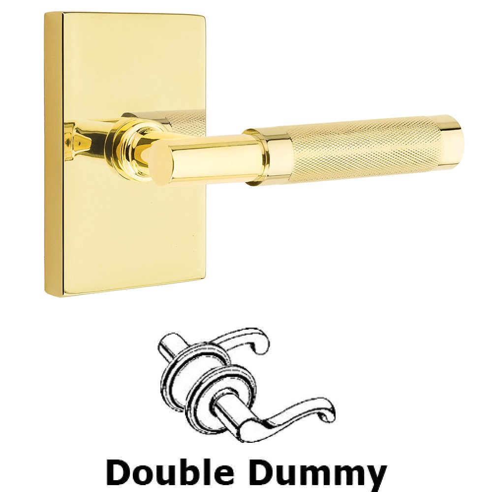 Double Dummy Knurled Lever with T-Bar Stem and Modern Rectangular Rose in Unlacquered Brass