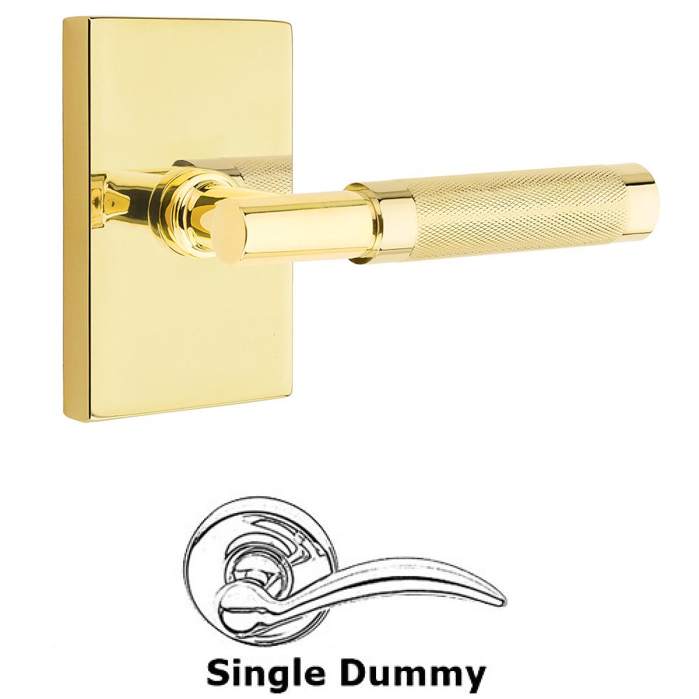 Single Dummy Knurled Lever with T-Bar Stem and Modern Rectangular Rose in Unlacquered Brass