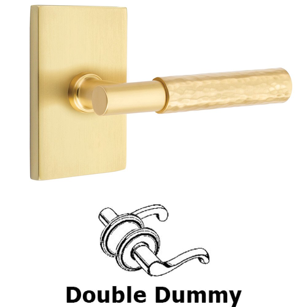 Double Dummy Hammered Lever with T-Bar Stem and Modern Rectangular Rose in Satin Brass