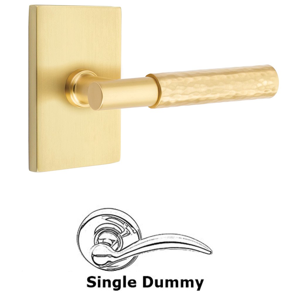 Single Dummy Hammered Lever with T-Bar Stem and Modern Rectangular Rose in Satin Brass
