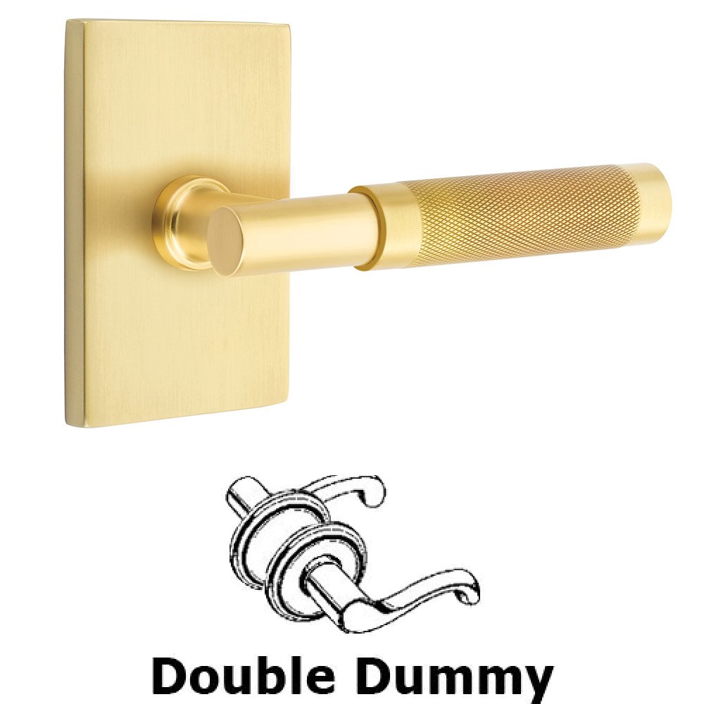 Double Dummy Knurled Lever with T-Bar Stem and Modern Rectangular Rose in Satin Brass