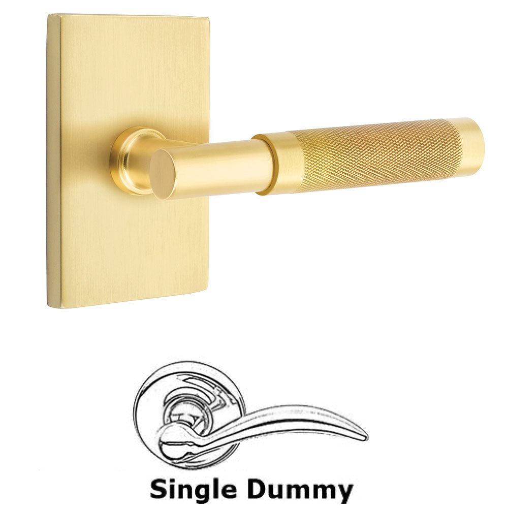 Single Dummy Knurled Lever with T-Bar Stem and Modern Rectangular Rose in Satin Brass