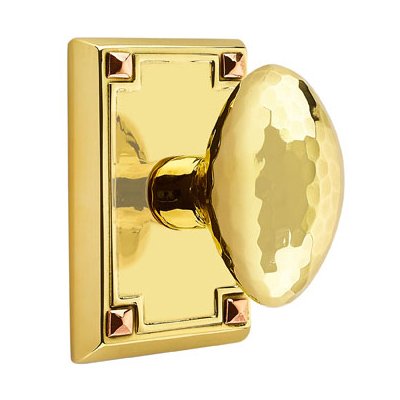 Single Dummy  Hammered Egg Door Knob with Arts & Crafts Rectangular Rose in Unlacquered Brass