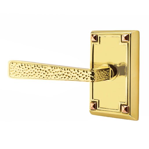 Left Handed Double Dummy Hammered Door Lever with Arts & Crafts Rectangular Rose in Unlacquered Brass