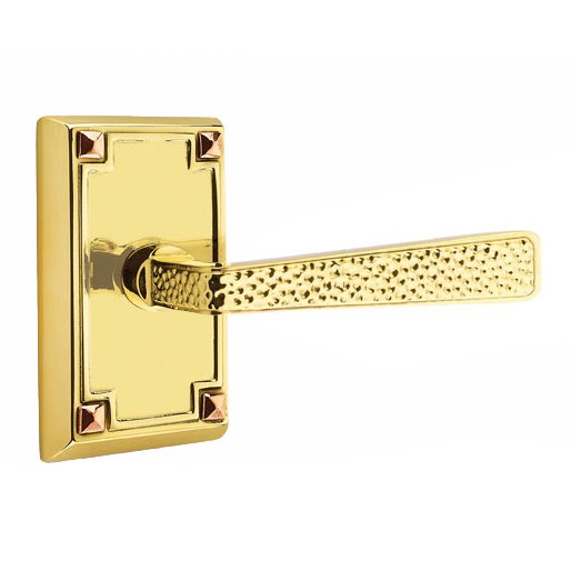 Right Handed Double Dummy Hammered Door Lever with Arts & Crafts Rectangular Rose in Unlacquered Brass