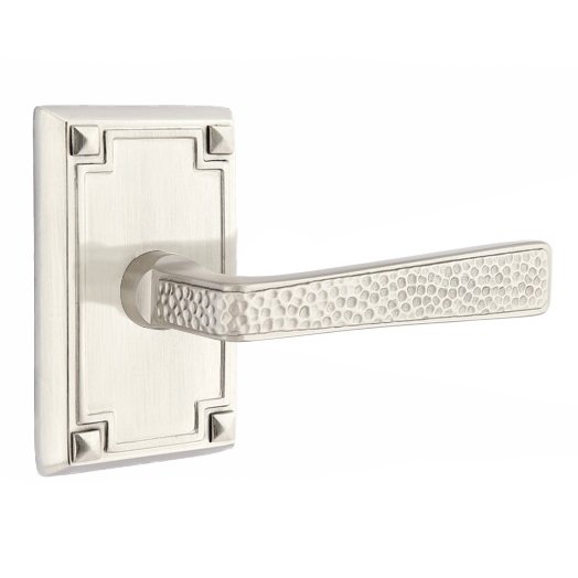 Right Handed Single Dummy  Hammered Door Lever with Arts & Crafts Rectangular Rose in Satin Nickel