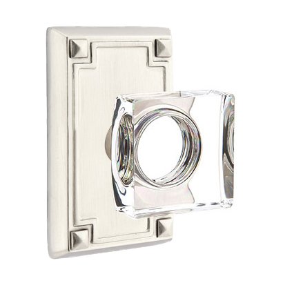Modern Square Glass Double Dummy Door Knob with Arts & Crafts Rectangular Rose in Satin Nickel