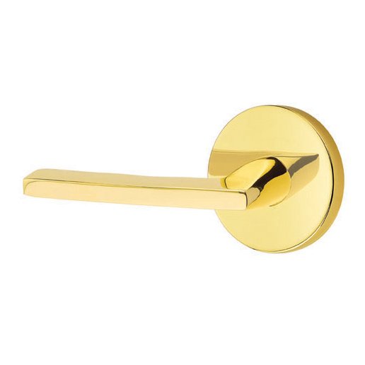 Single Dummy Left Handed Helios Door Lever With Disk Rose in Unlacquered Brass