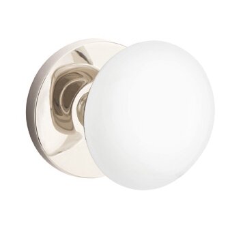 Double Dummy Ice White Porcelain Knob With Modern Disk Rosette in Polished Nickel