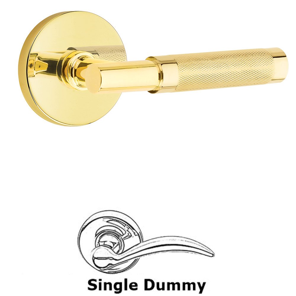 Single Dummy Knurled Lever with T-Bar Stem and Disc Rose in Unlacquered Brass