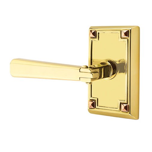 Left Handed Passage Arts & Crafts Door Lever with Arts & Crafts Rectangular Rose and Concealed Screws in Unlacquered Brass