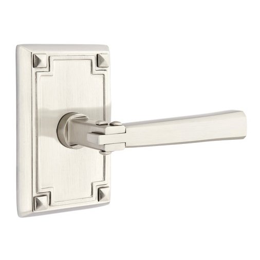 Right Handed Passage Arts & Crafts Door Lever with Arts & Crafts Rectangular Rose and Concealed Screws in Satin Nickel