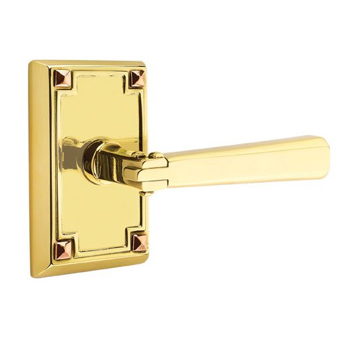 Right Handed Passage Arts & Crafts Door Lever with Arts & Crafts Rectangular Rose and Concealed Screws in Unlacquered Brass