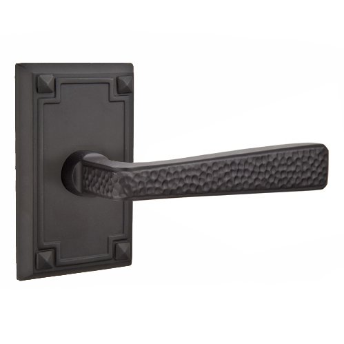 Right Handed Passage Hammered Door Lever with Arts & Crafts Rectangular Rose in Flat Black