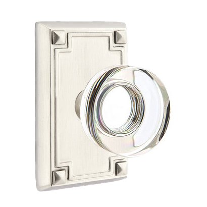 Modern Disc Glass Passage Door Knob and Arts & Crafts Rectangular Rose with Concealed Screws in Satin Nickel