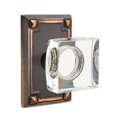 Modern Square Glass Passage Door Knob with Arts & Crafts Rectangular Rose in Oil Rubbed Bronze