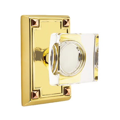 Modern Square Glass Passage Door Knob and Arts & Crafts Rectangular Rose with Concealed Screws in Unlacquered Brass