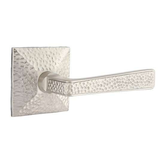 Right Handed Passage Hammered Door Lever with Hammered Rose in Satin Nickel