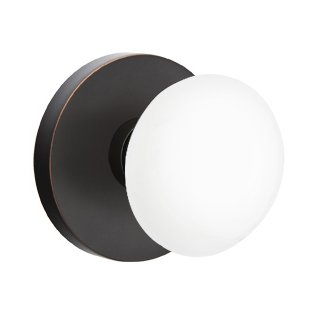 Passage Ice White Porcelain Knob With Modern Disk Rosette in Oil Rubbed Bronze