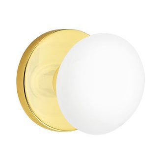 Passage Ice White Porcelain Knob With Modern Disk Rosette in Unlacquered Brass