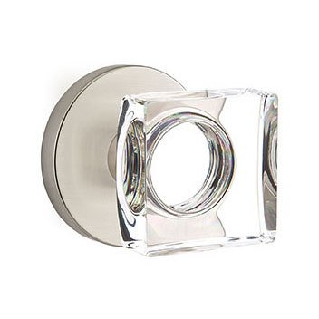 Modern Square Glass Passage Door Knob and Disk Rose with Concealed Screws in Satin Nickel